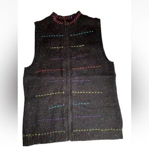 Coldwater Creek black confetti yarn sweater vest zipper front multicolor rainbow